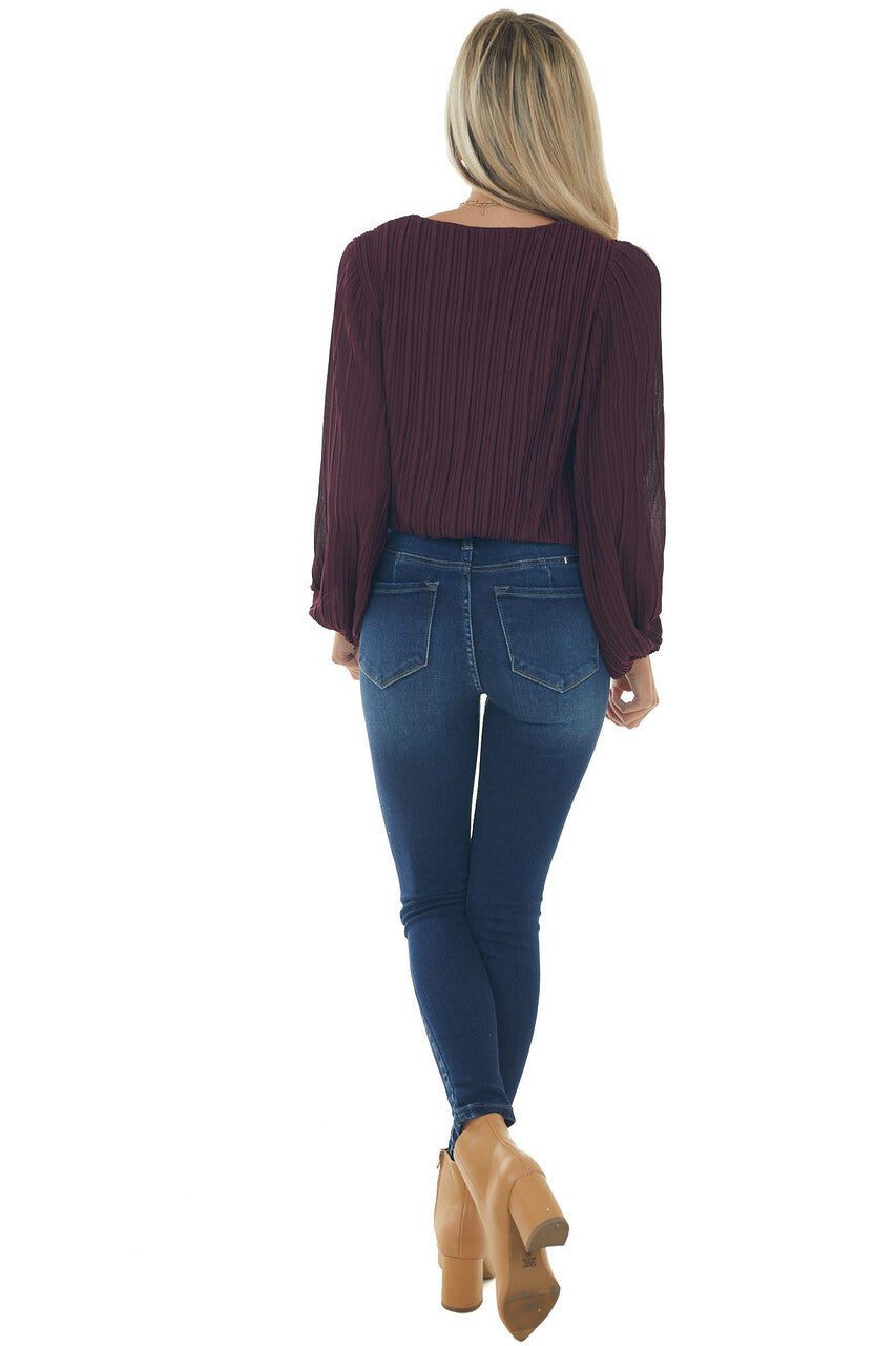 Plum Surplice Long Sleeve Pleated Blouse