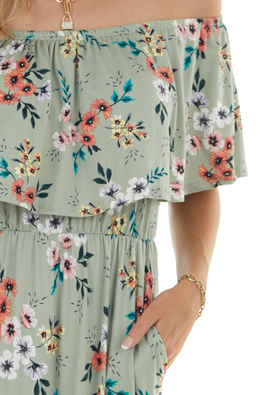 Sage Floral Print Off the Shoulder Maxi Dress