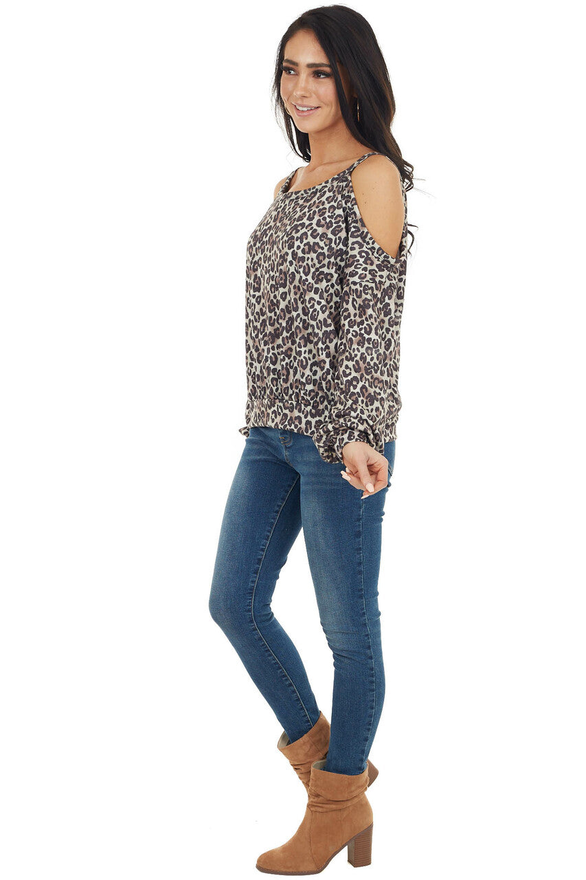 Oatmeal Leopard Print Long Sleeve Top with Cold Shoulders