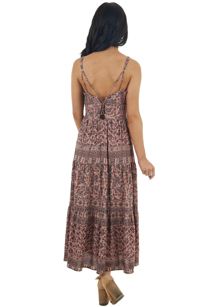 Dusty Rose Floral Print Tiered Midi Dress with Tie Details
