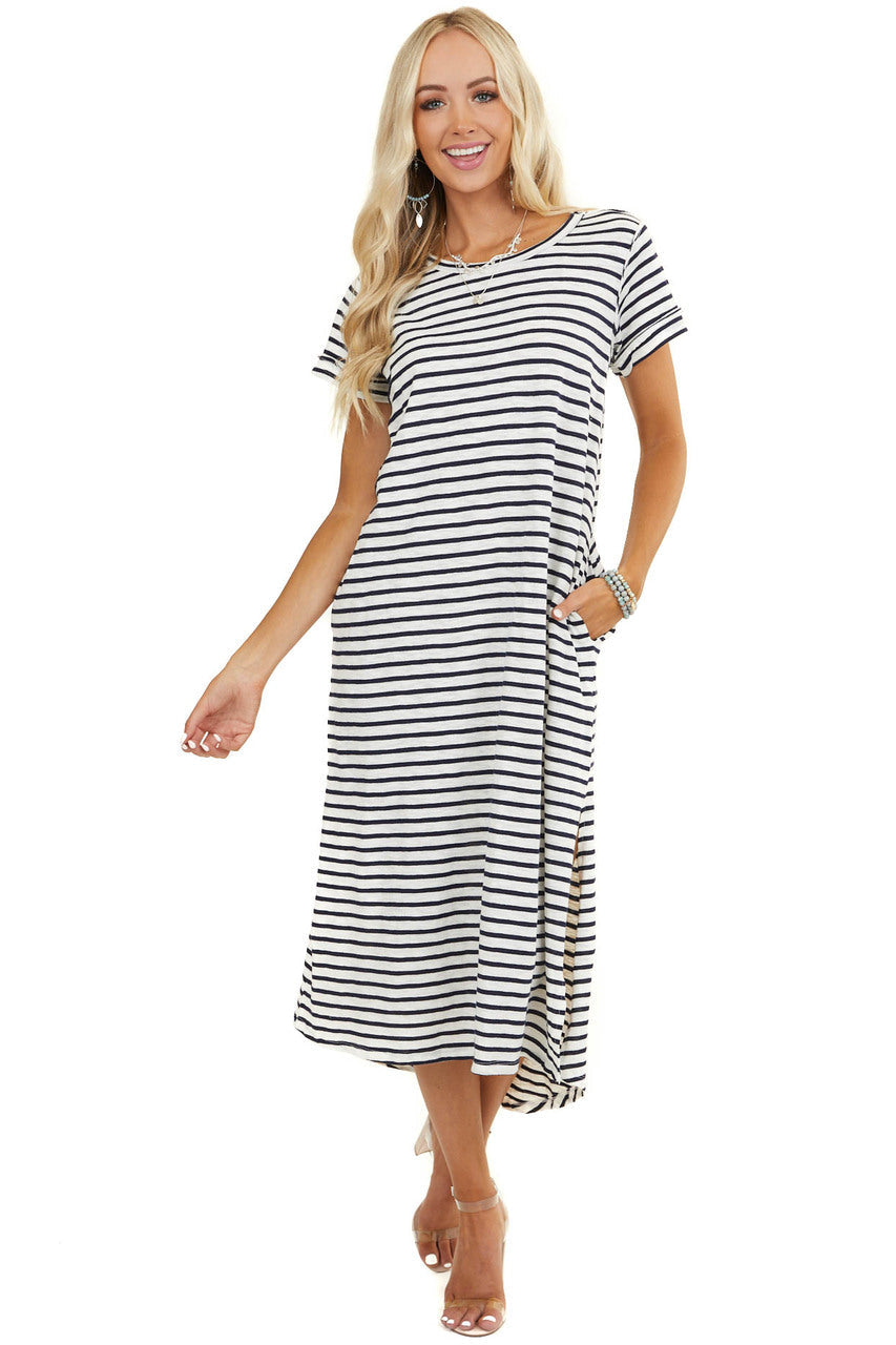 Off White and Navy Striped Dress with Side Pocket Details