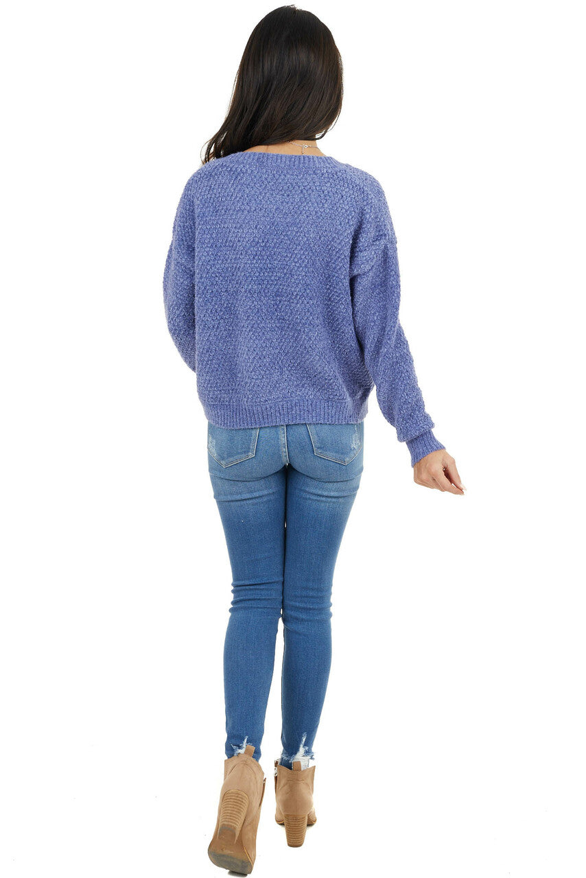 Dusty Blue Two Tone Slightly Cropped Sweater with V Neck