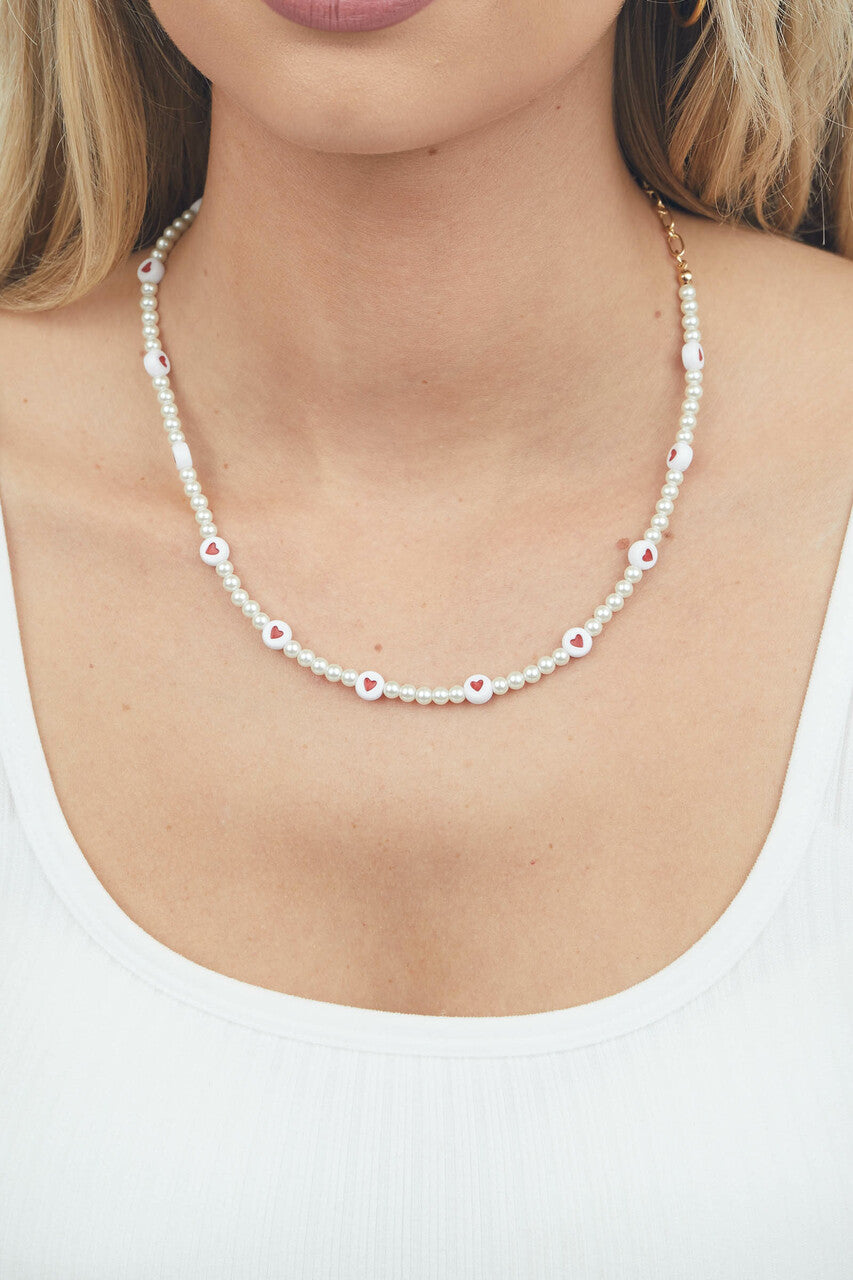 Gold Pearl Necklace with Heart Detail Beads