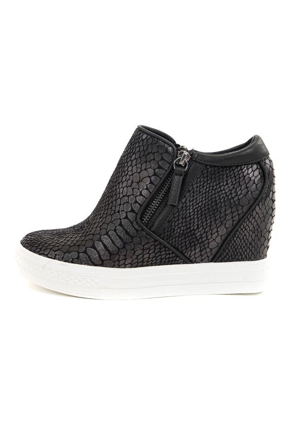 Black Snakeskin Print Textured Wedge Sneaker with Zippers