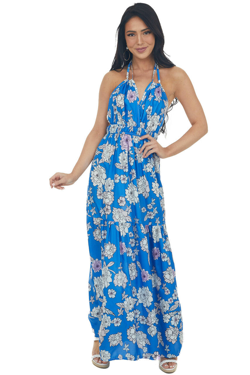Cobalt Blue Floral Print Maxi Dress