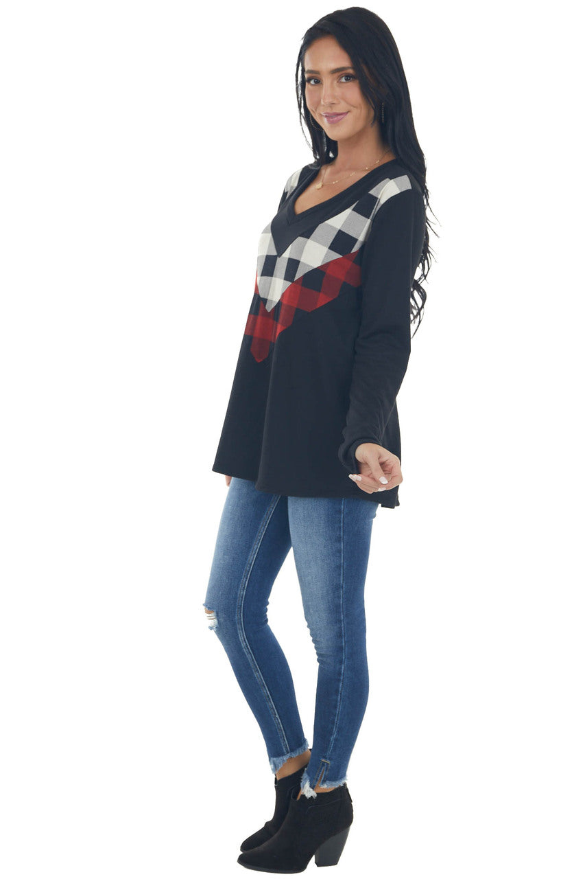 Black Knit Top with Buffalo Plaid Contrast