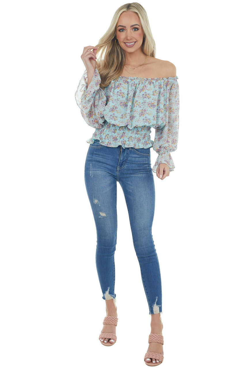 Arctic Blue Floral Print Smocked Waist Blouse