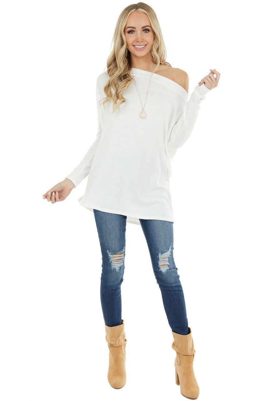Ivory Off the Shoulder Long Sleeve Soft Knit Top