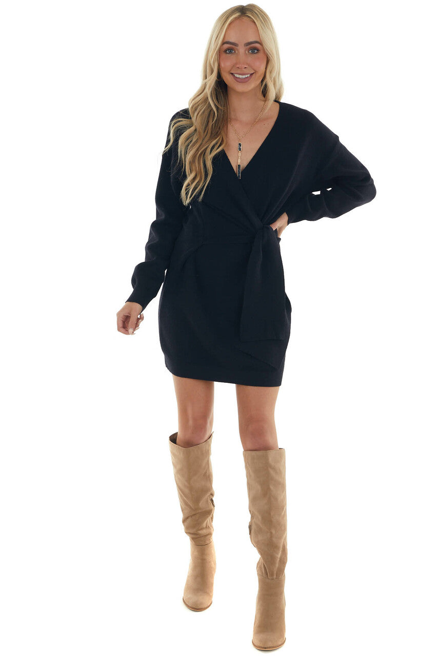 Black Fleece Knit Sweater Dress with Wrap Tie