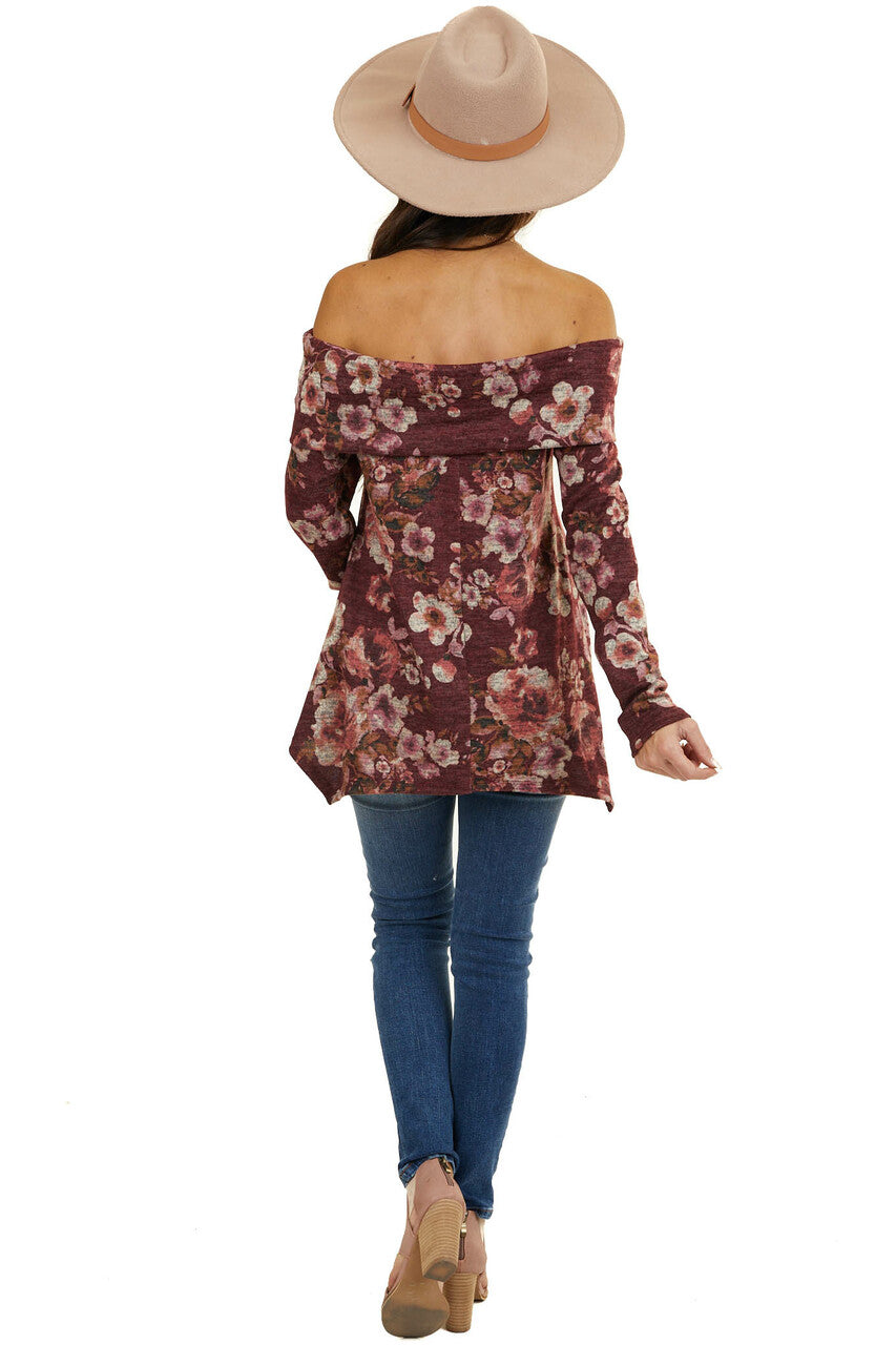 Wine Floral Print Long Sleeve Top with Folded Off Shoulder 