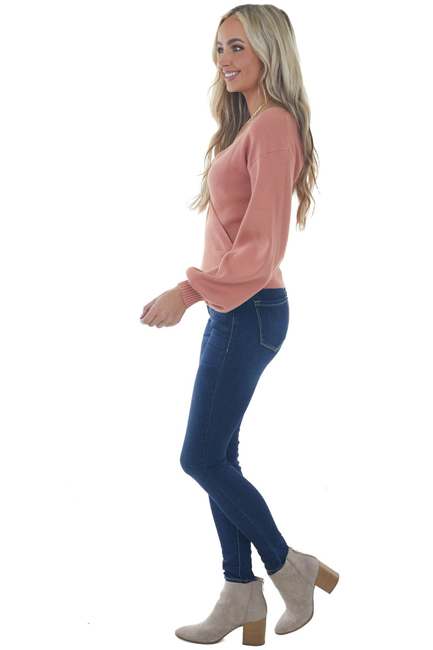 Ginger Ribbed Knit Plunging Surplice Sweater 