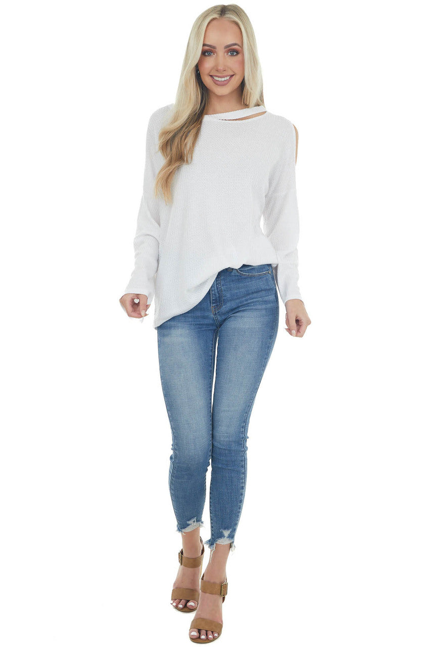 Ivory Waffle Knit Long Sleeve Top with Cold Shoulder