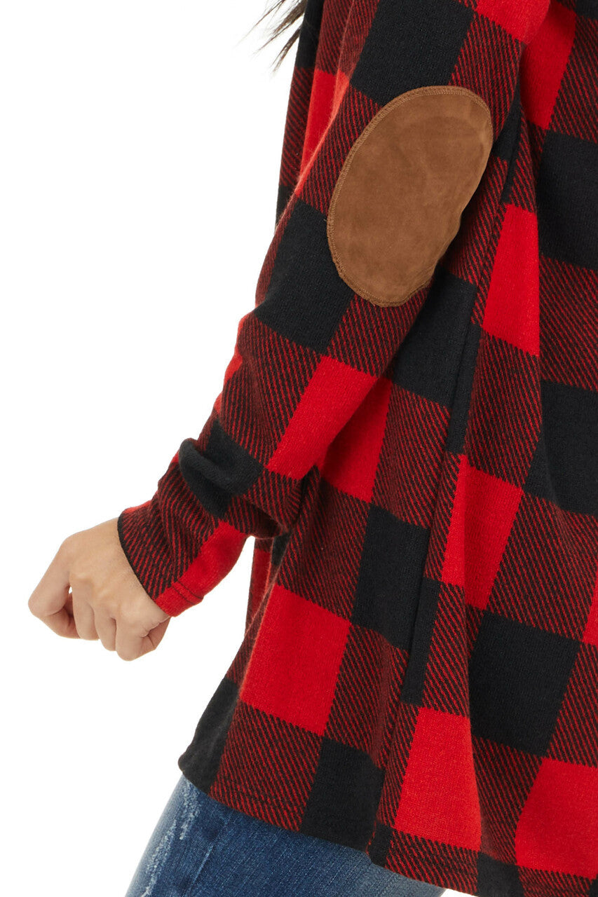 Crimson and Black Buffalo Plaid Cardigan with Elbow Patches