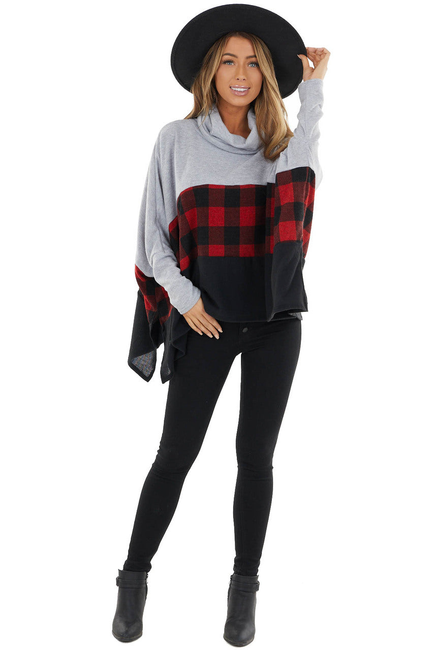 Crimson Red Buffalo Plaid Cowl Neck Long Sleeve Poncho