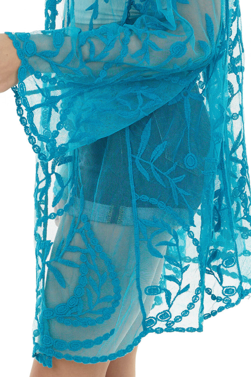 Rich Azure Crochet Lace Open Front Kimono