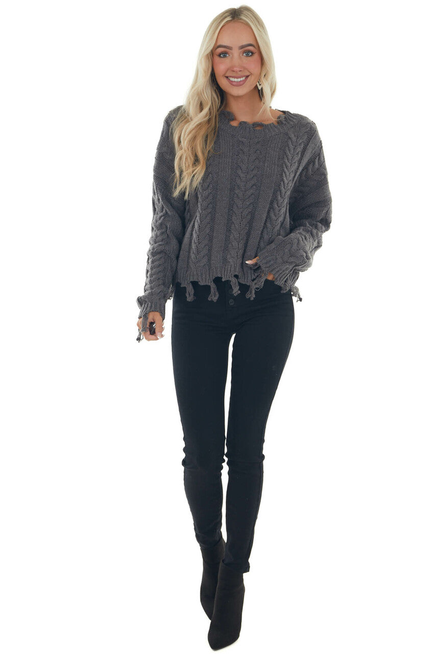 Charcoal Cable Knit Tassel Edge Sweater