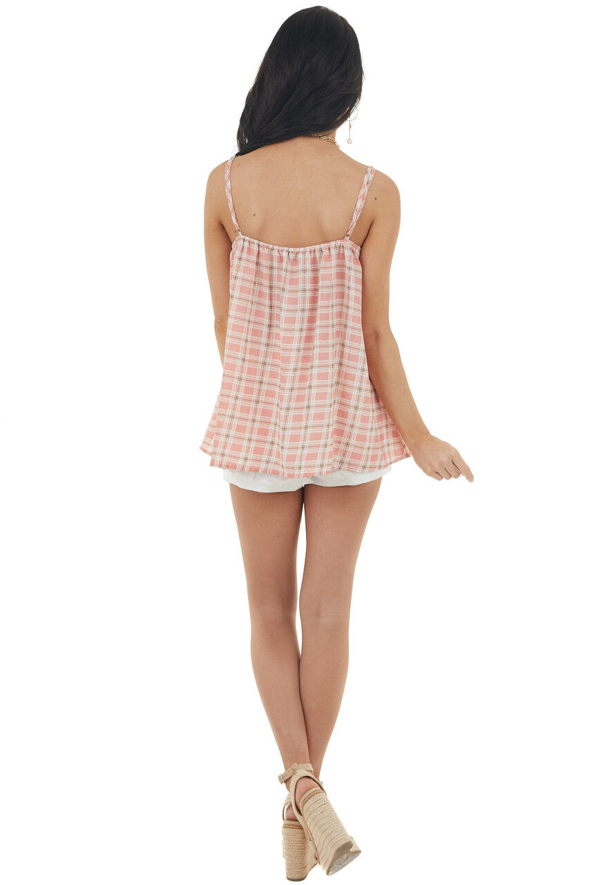 Coral Plaid Babydoll Tank Top with Smocked Detail
