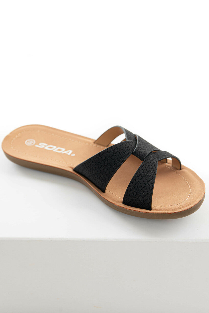Black and Snakeskin Open Toe Flat Sandal