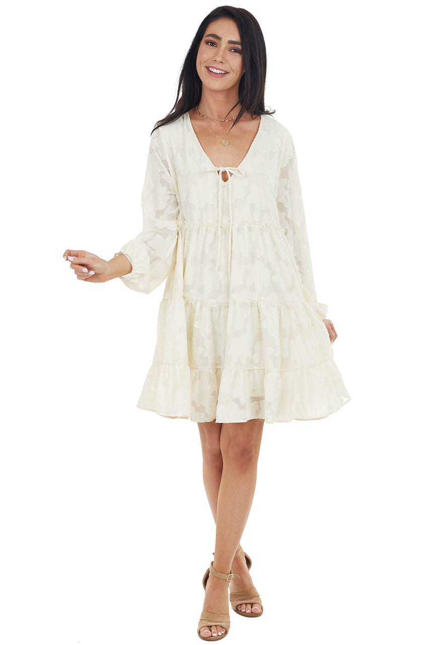 Cream Textured Print Tiered Babydoll Dress with Long Sleeves