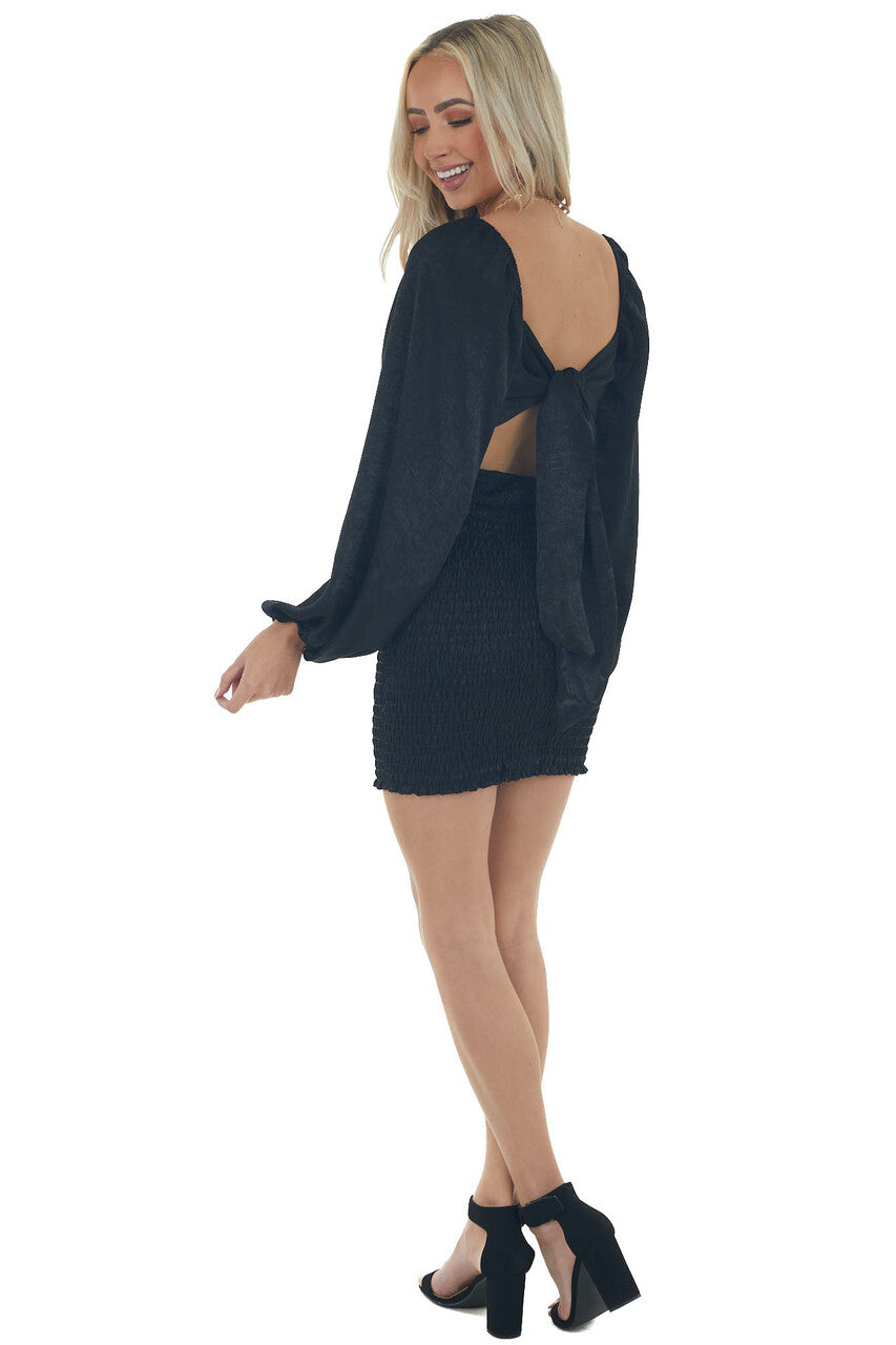 Black Silky Smocked Long Sleeve Short Dress 