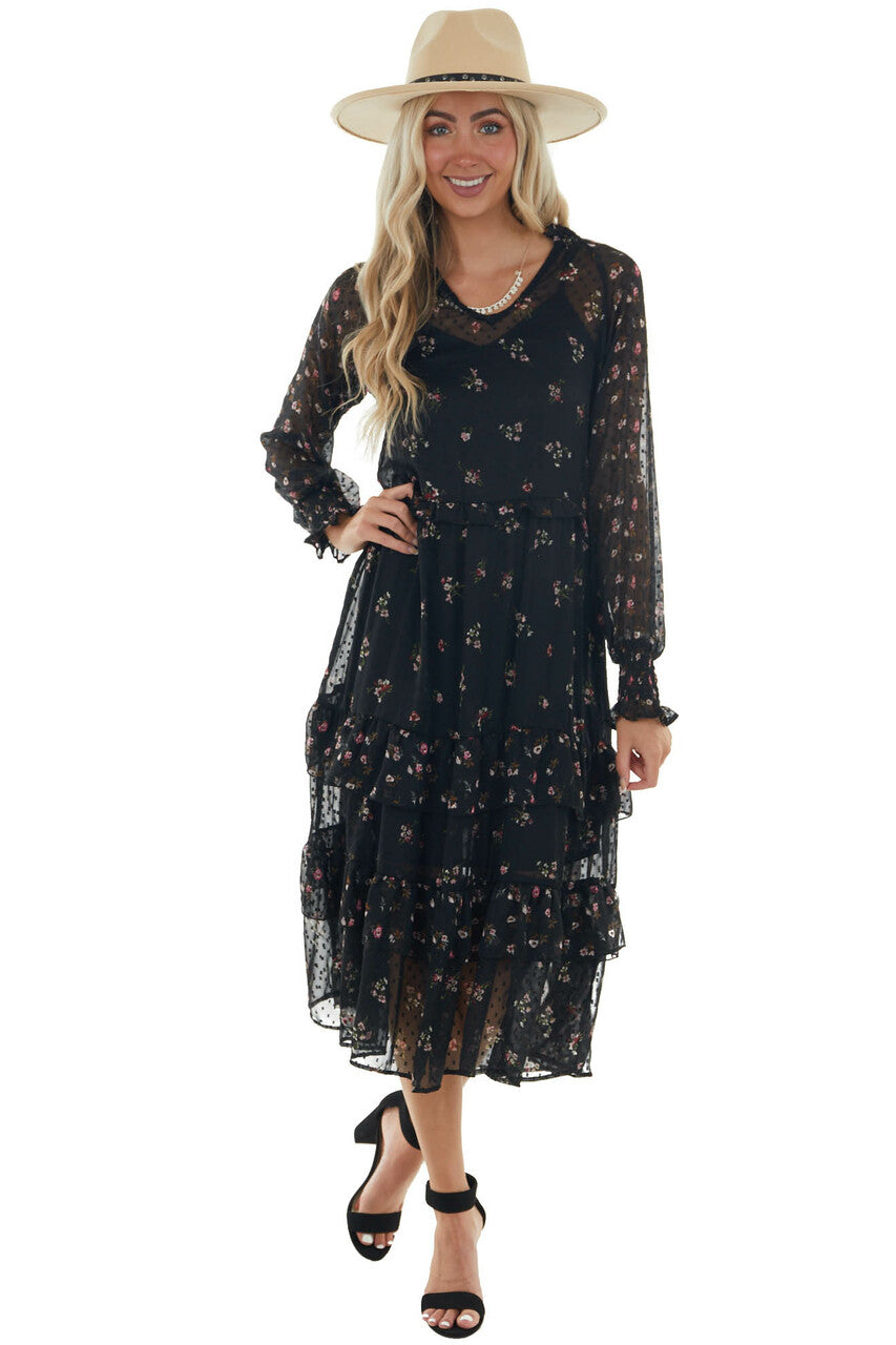 Black Swiss Dot Floral Print Maxi Dress 