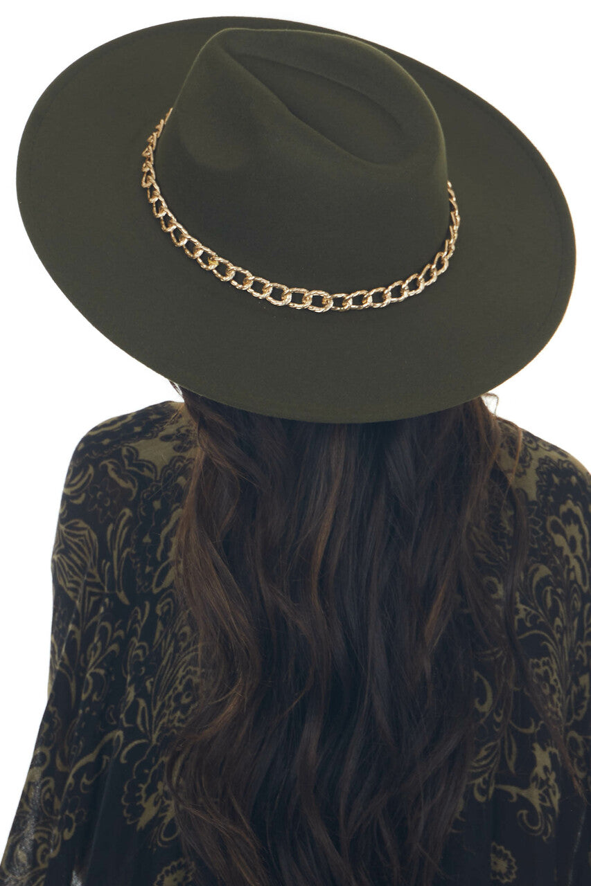 Army Green Wide Brim Felt Hat with Gold Chain
