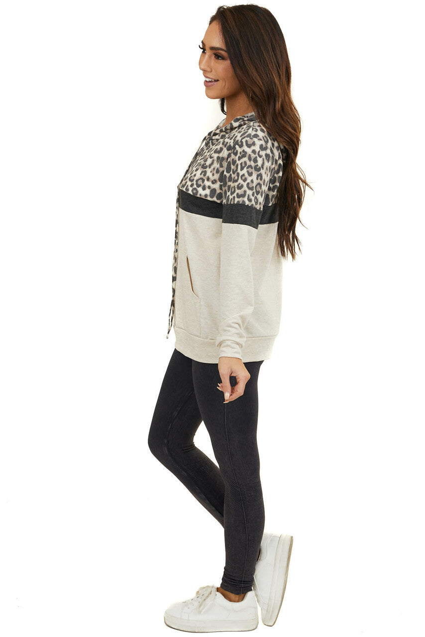 Tan Leopard Colorblock Hooded Sweatshirt with Front Pocket 
