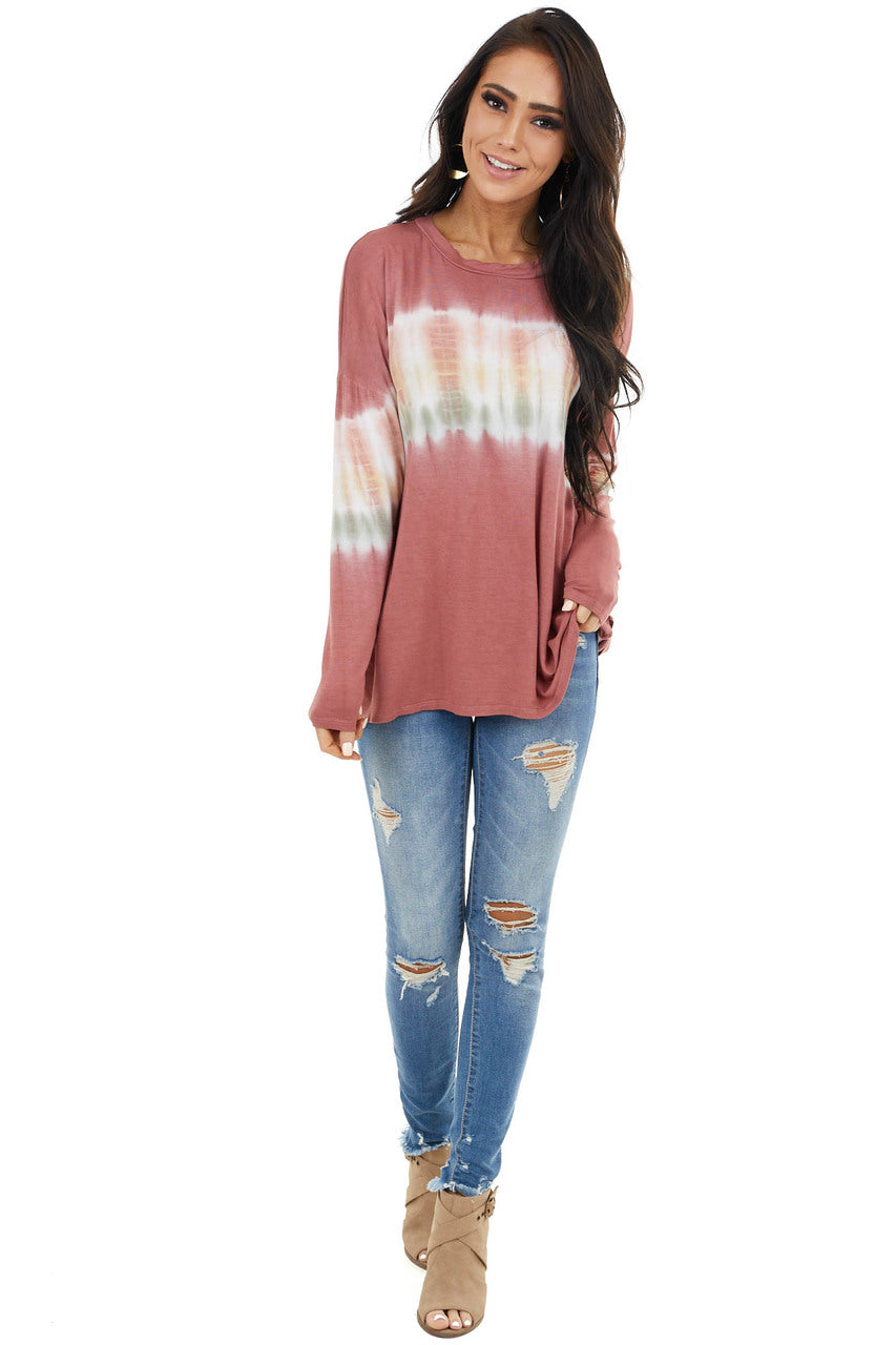 Brick Red and Ivory Long Sleeve Top with Tie Dye Detail