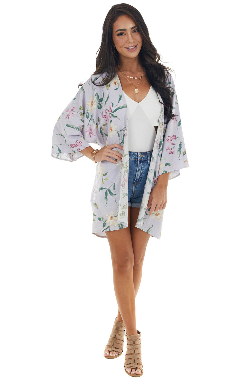Lavender Floral Print Kimono with High Low Hem