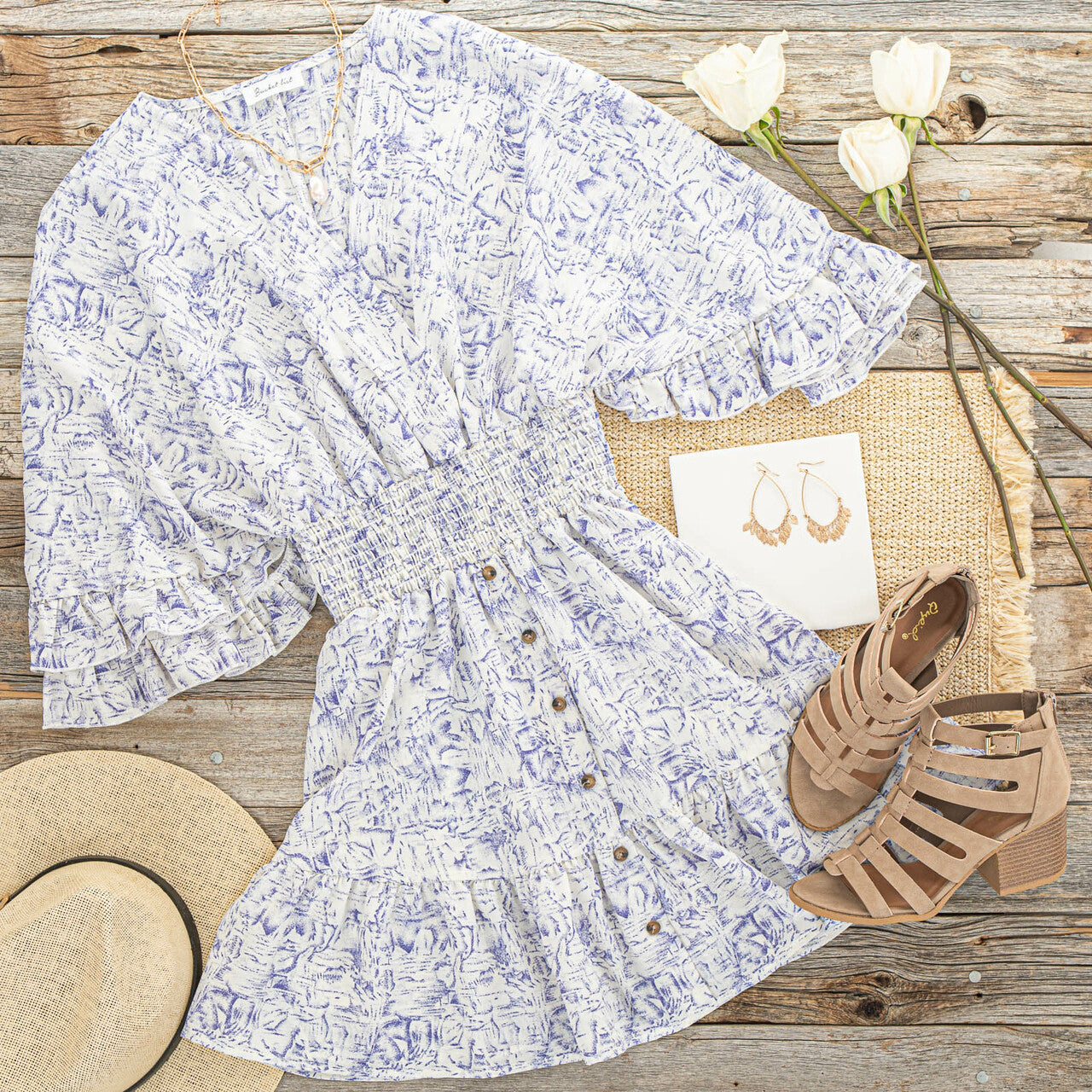 Pearl and Navy Abstract Print Short Woven Dress with Ruffles