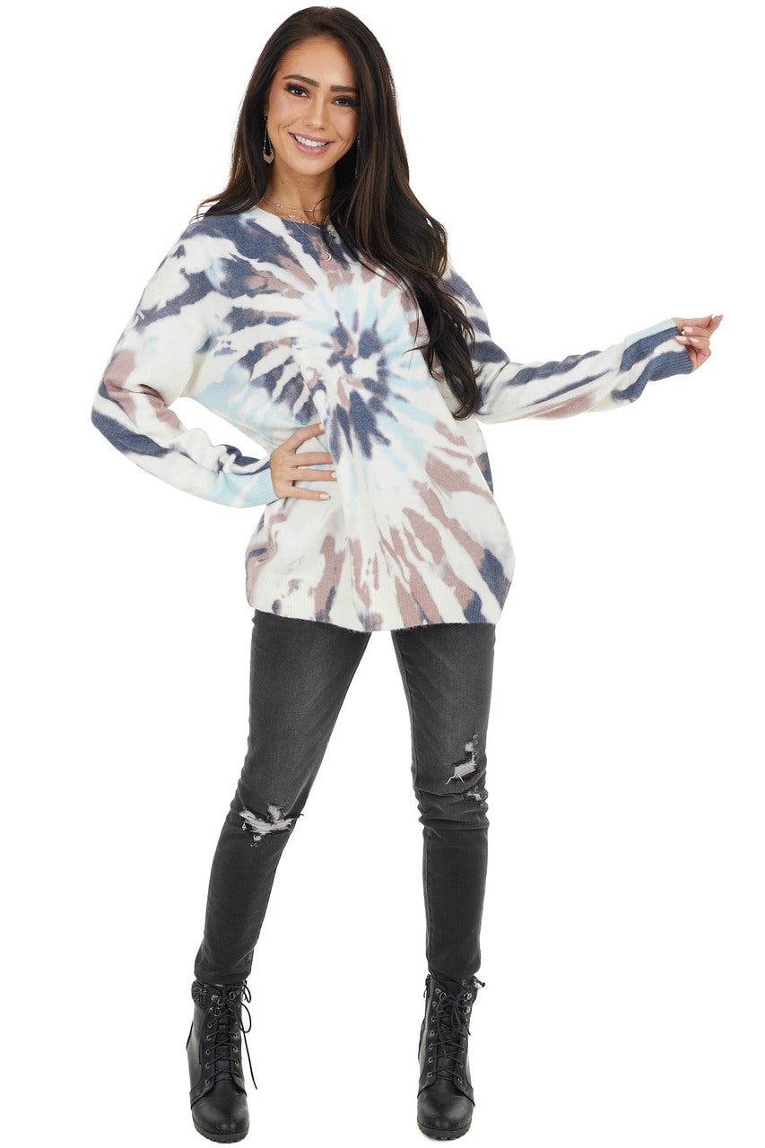 Off White Tie Dye Fuzzy Knit Long Sleeve Lightweight Sweater
