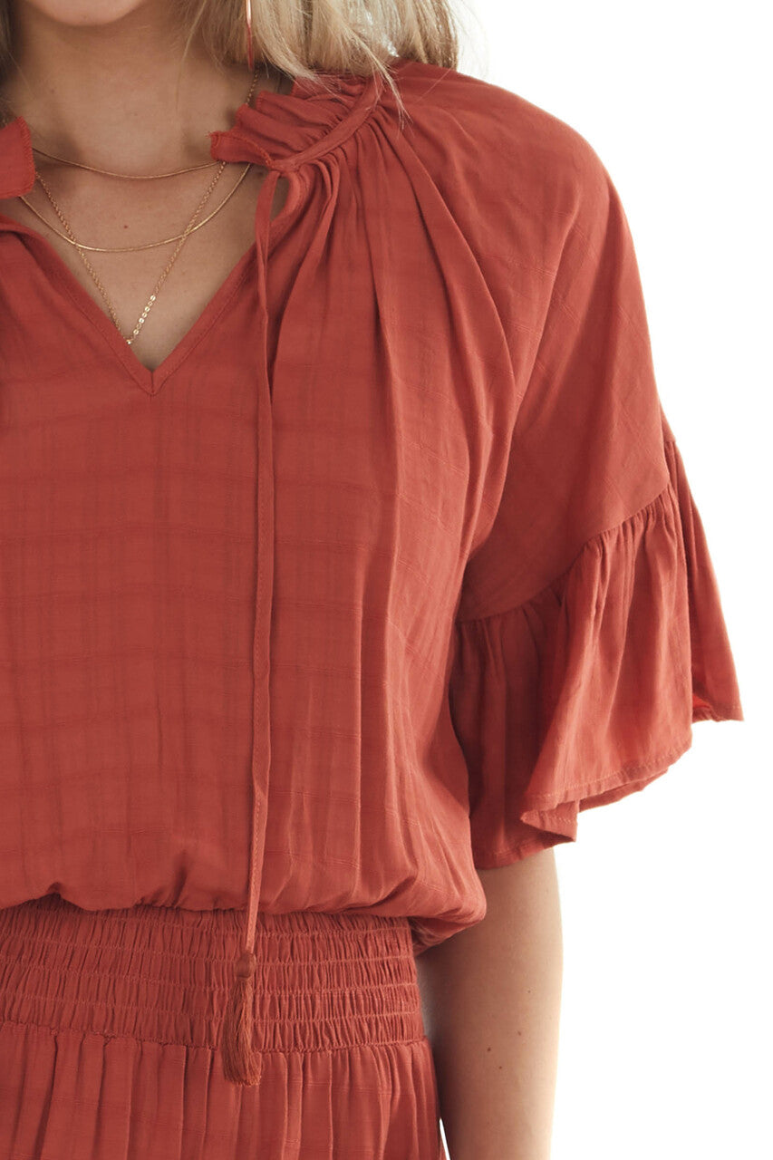 Brick Linen Ruffle Dress with Notch Neckline 