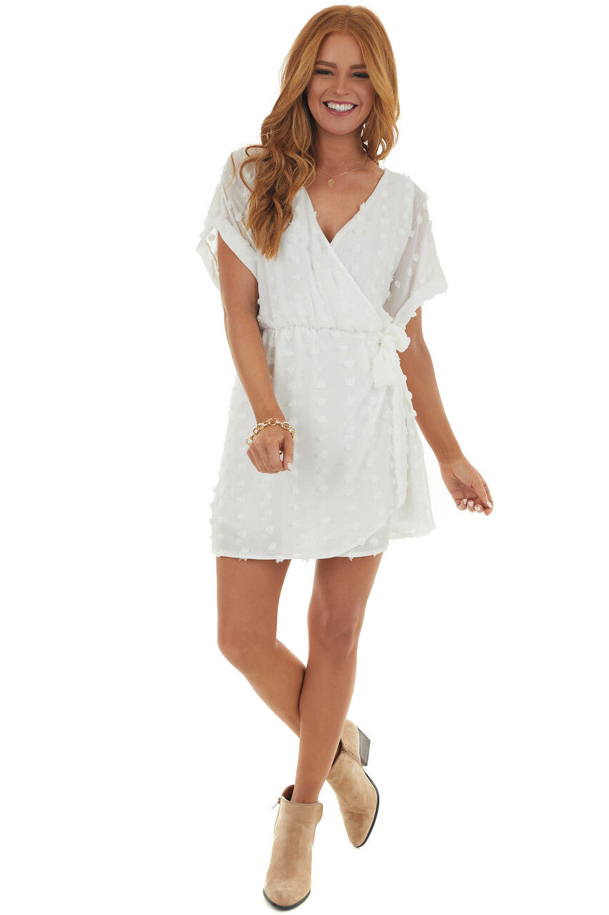 Off White Swiss Dot Surplice Neck Short Dress 