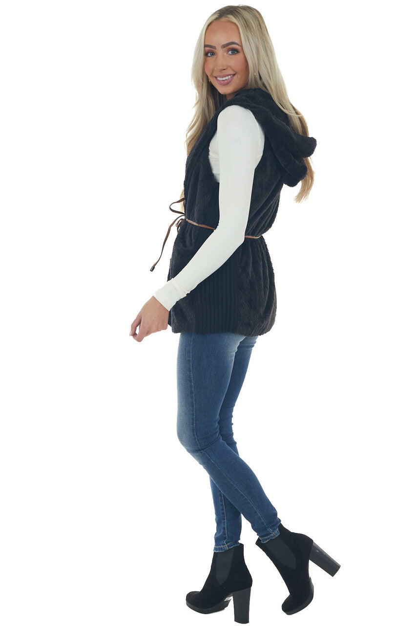 Black Faux Fur Hooded Ribbed Contrast Vest