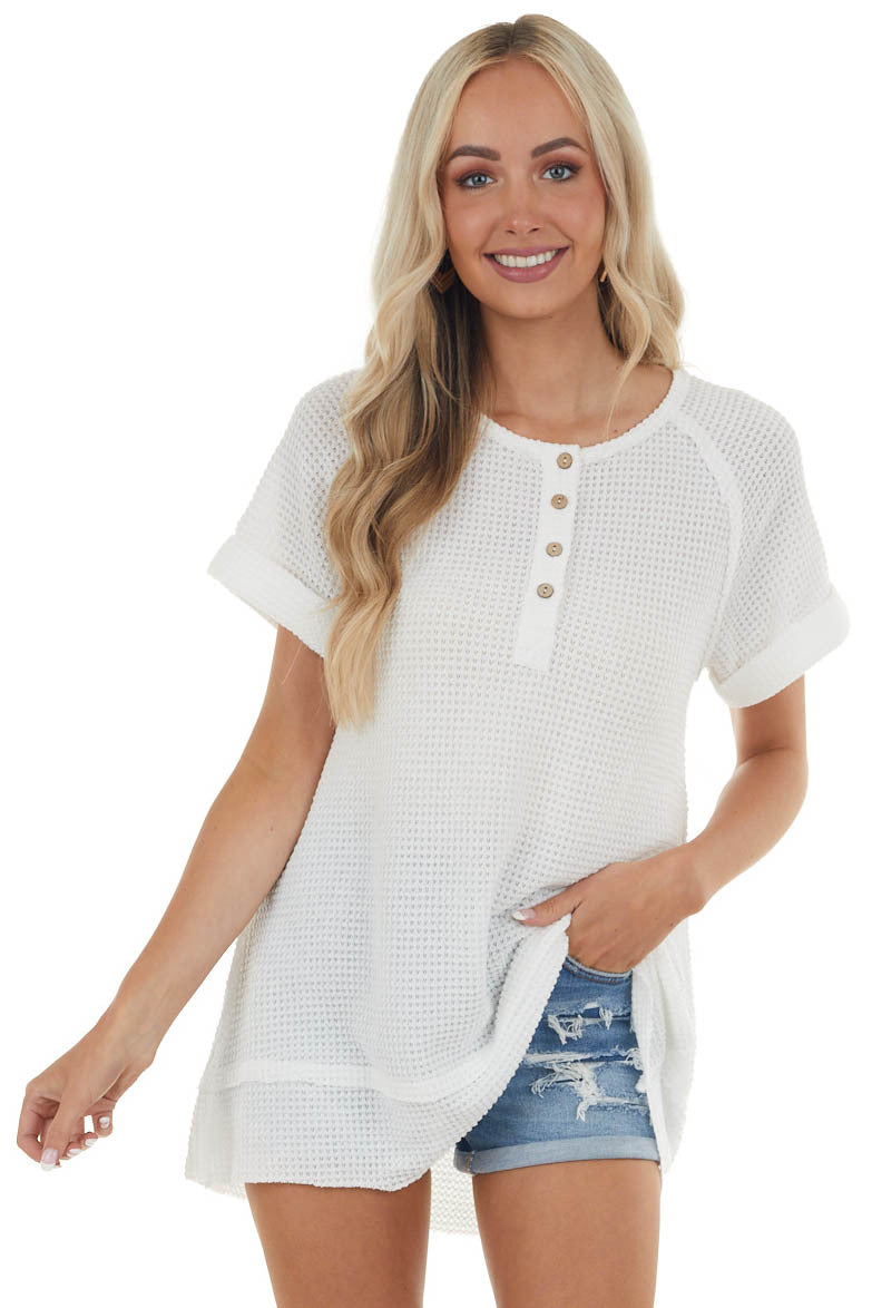 Pearl Short Sleeve Henley Waffle Knit Top 