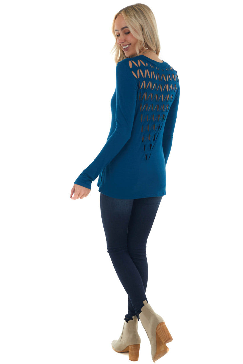 Sea Blue Laser Cut Out Back Long Sleeve Top