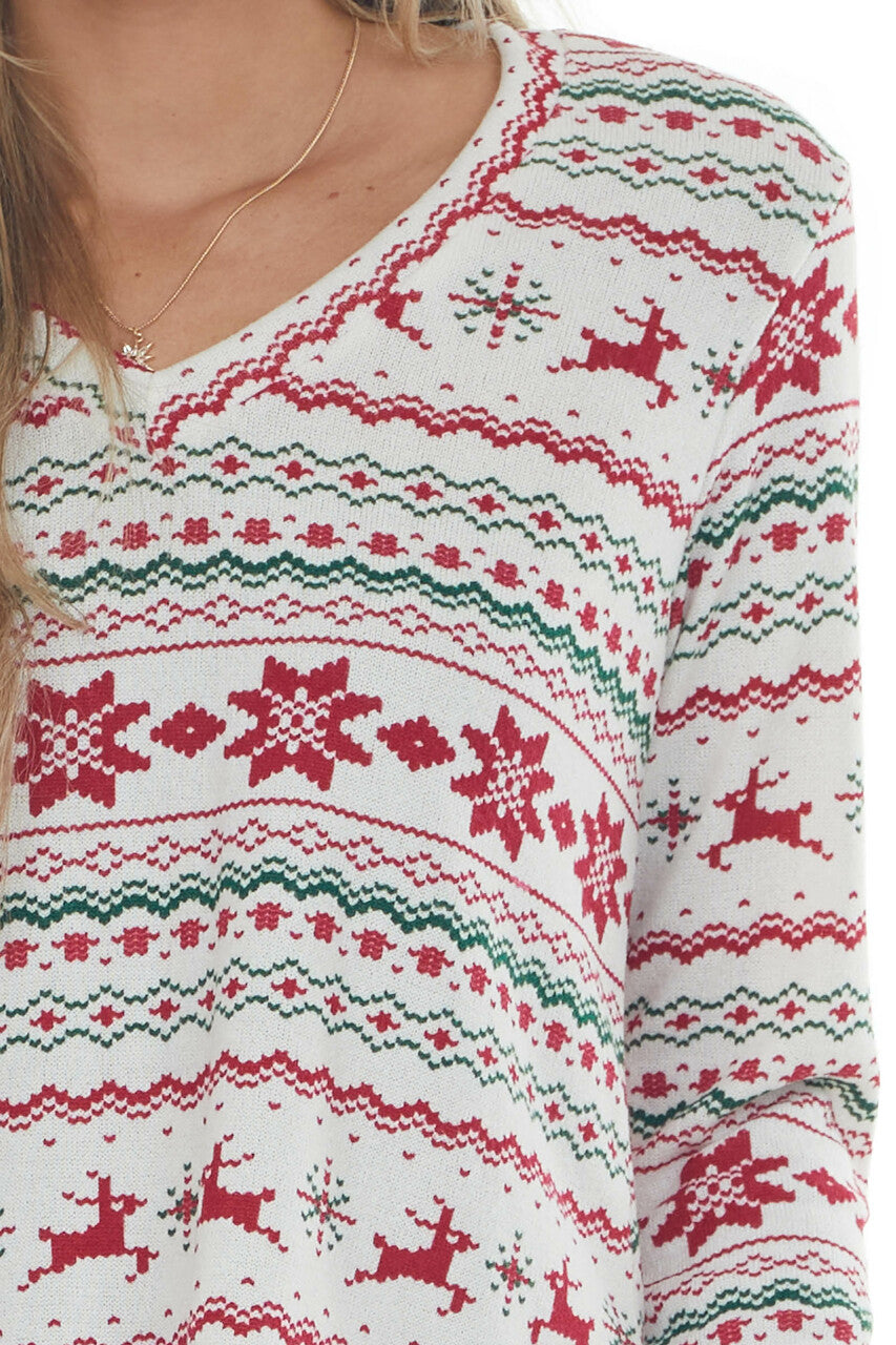 Vanilla Holiday Print V Neck Knit Top