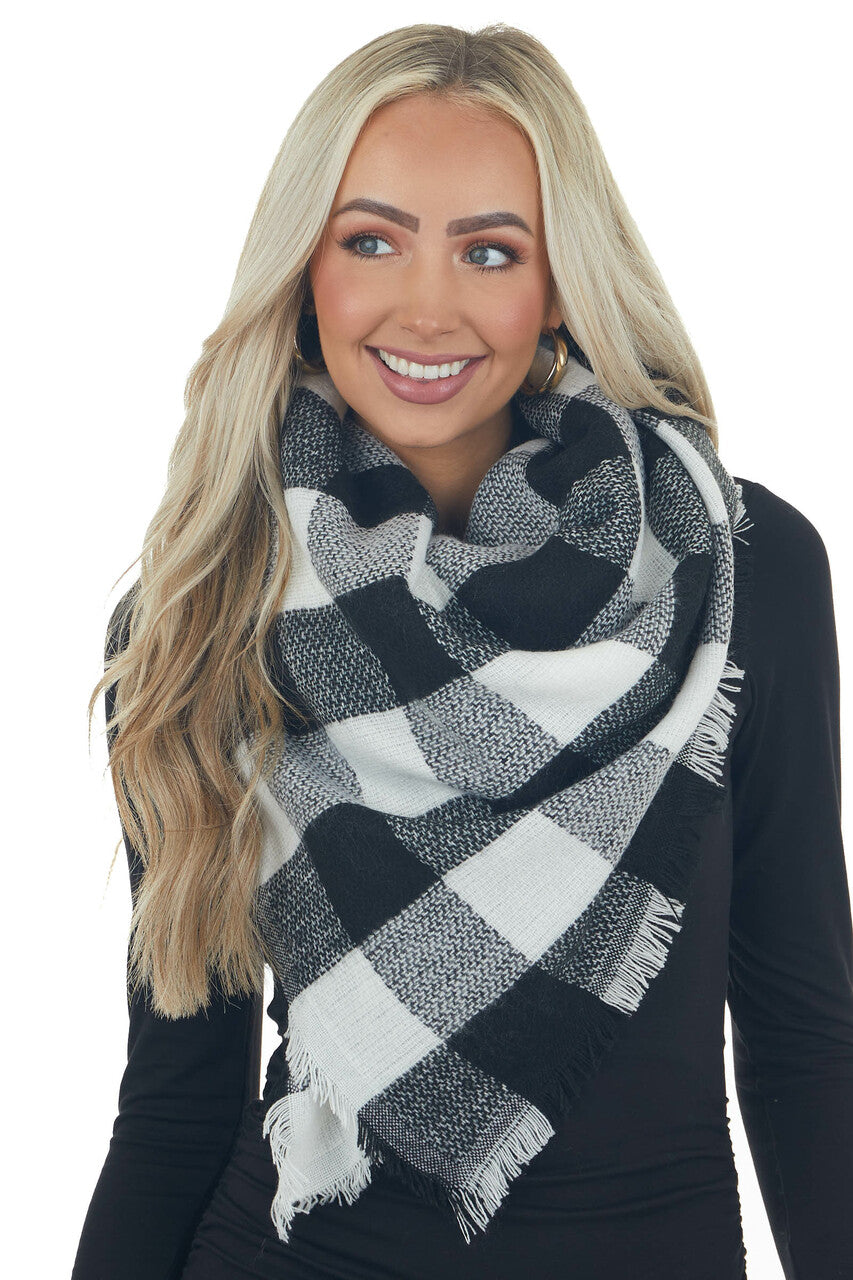 Off White Buffalo Plaid Frayed Blanket Scarf 