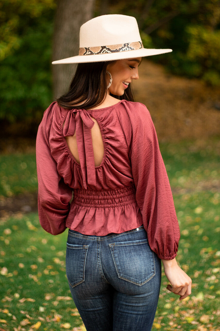 Marsala Open Back Smocked Peplum Silky Blouse 