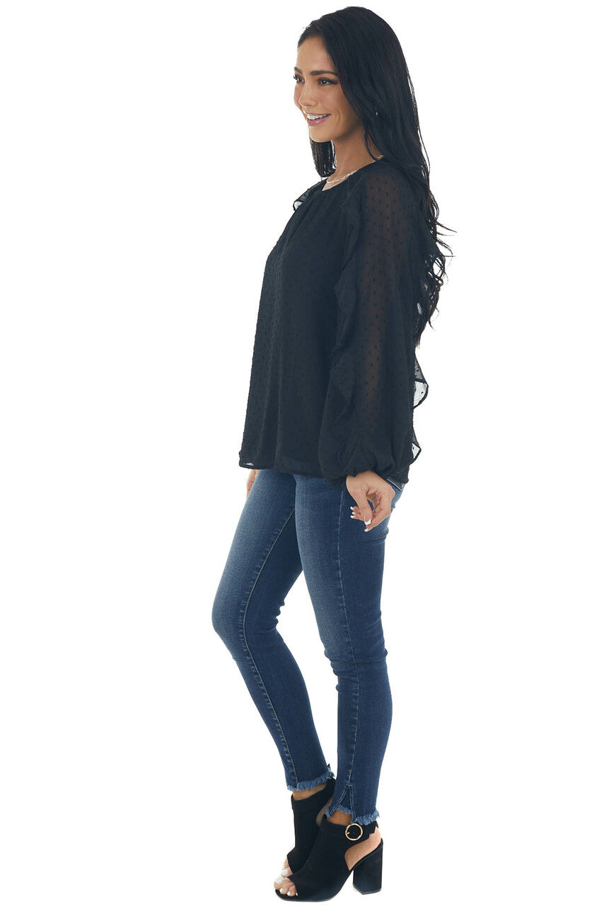 Black Swiss dot Peasant Sleeve Woven Blouse