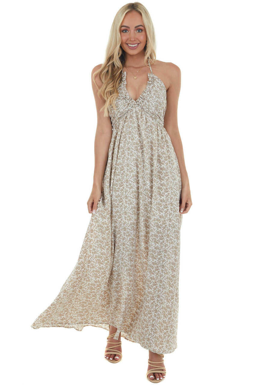 Vanilla Ditsy Floral Halter Tie Maxi Dress