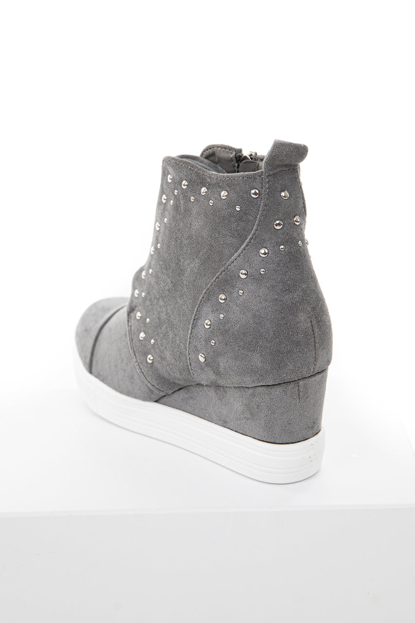 Ash Grey Faux Suede Wedge Sneakers with Silver Stud Details