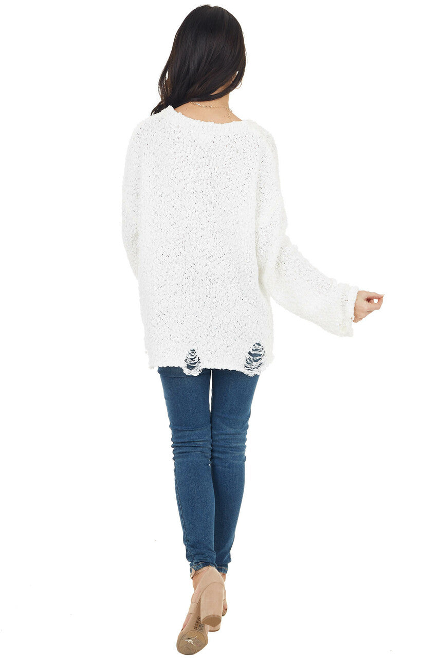 White Long Sleeve Distressed Sweater with Red Heart Detail