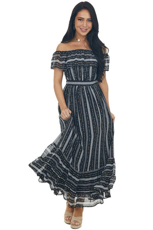 Black Multi Print Off Shoulder Maxi Dress with Ruffle Detail