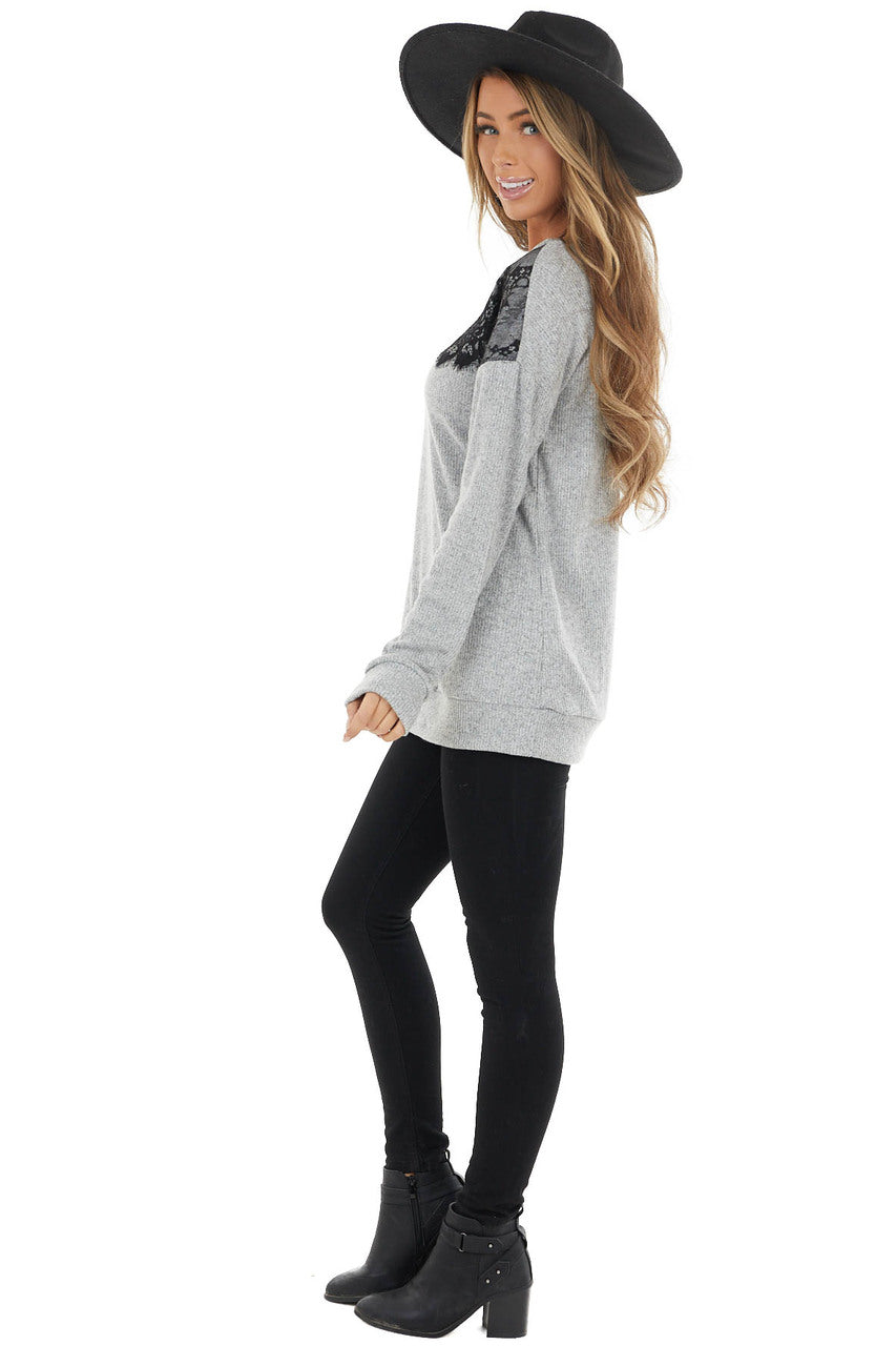 Heathered Grey Long Sleeve Knit Top with Black Lace Details