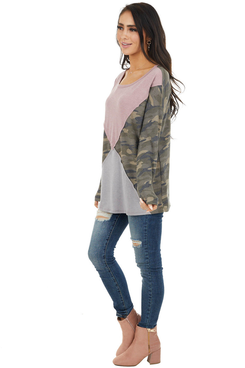 Camo Colorblock Long Sleeve Knit Top with Raw Edge Detail