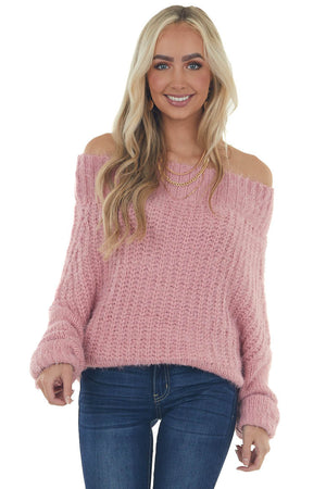 Pink Fuzzy Off Shoulder Cable Knit Sweater