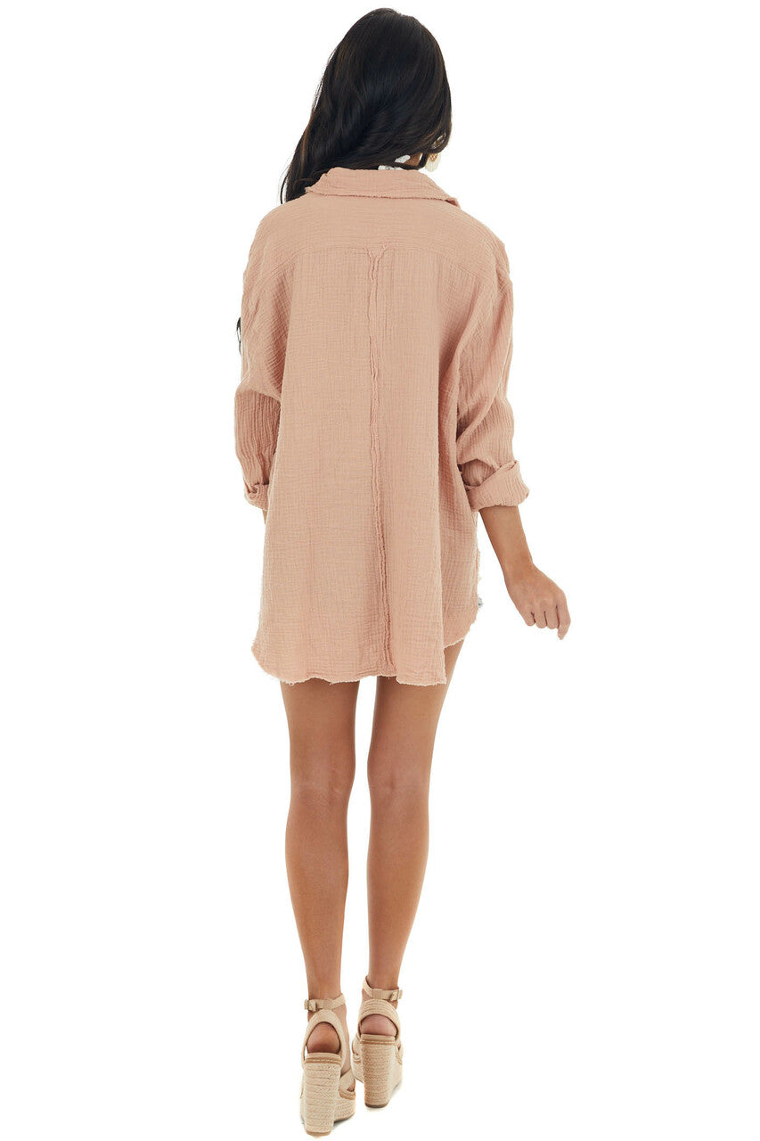 Apricot Button Up Top with Frayed Edges Detail