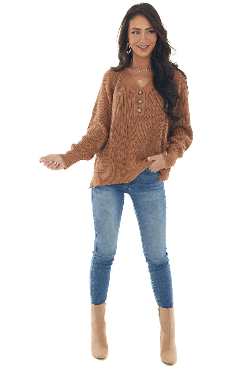 Cognac Long Sleeve Henley Knit Sweater 