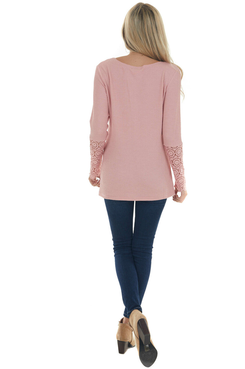 Bubblegum Long Lace Sleeve Ribbed Henley Top